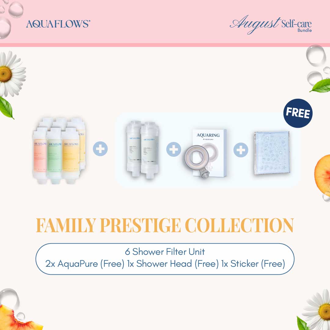 AQUAFLOWS Family Prestige Collection (aquaflows vitamin shower filter x6 + FOC aquaflows pure x2 + FOC aquaring x1 + FOC sticker x1pc)